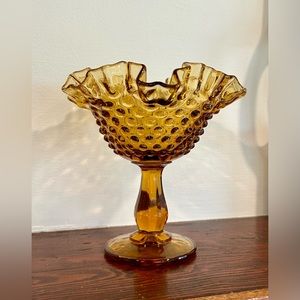 Vintage Fenton Ruffle Amber Hobnail Compote 6” Tall